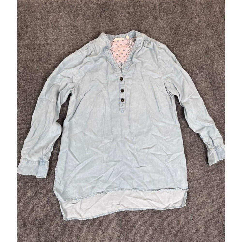 Soft Surroundings Light Blue Print Tunic Top Roll Tab Long Sleeves Size M